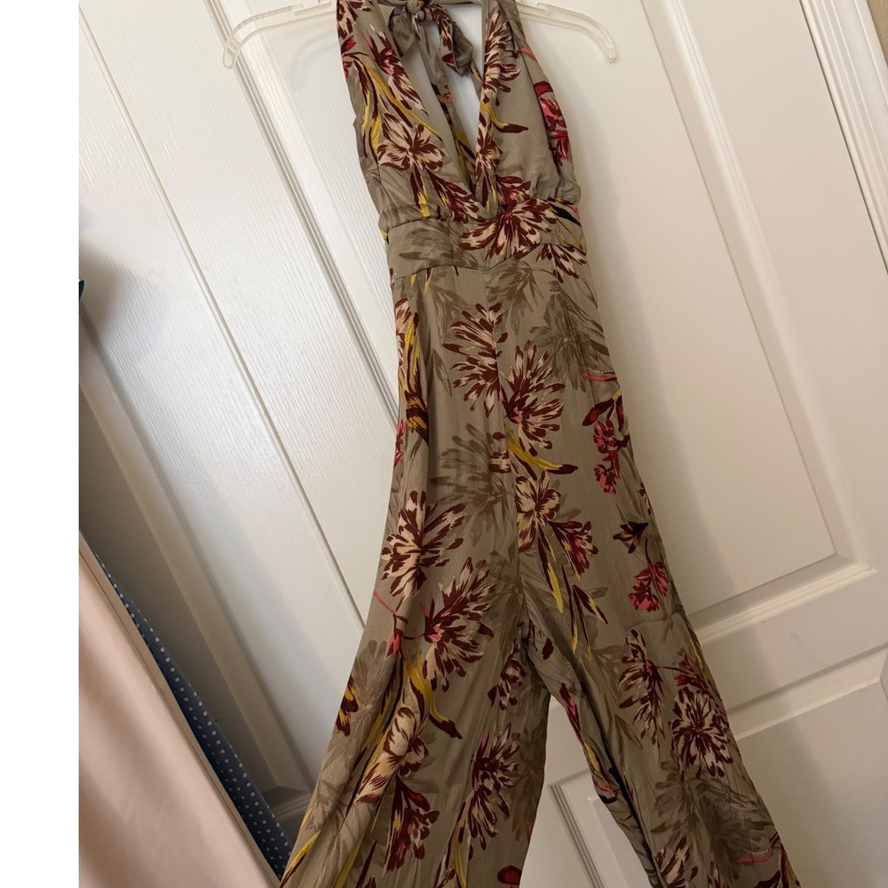 Dress Forum Los Angeles Floral Halter Wide Leg Jumpsuit Taupe Large
